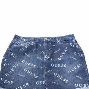 GUESS Blue All-Over Logo Denim Pencil Skirt Frayed Hem XL